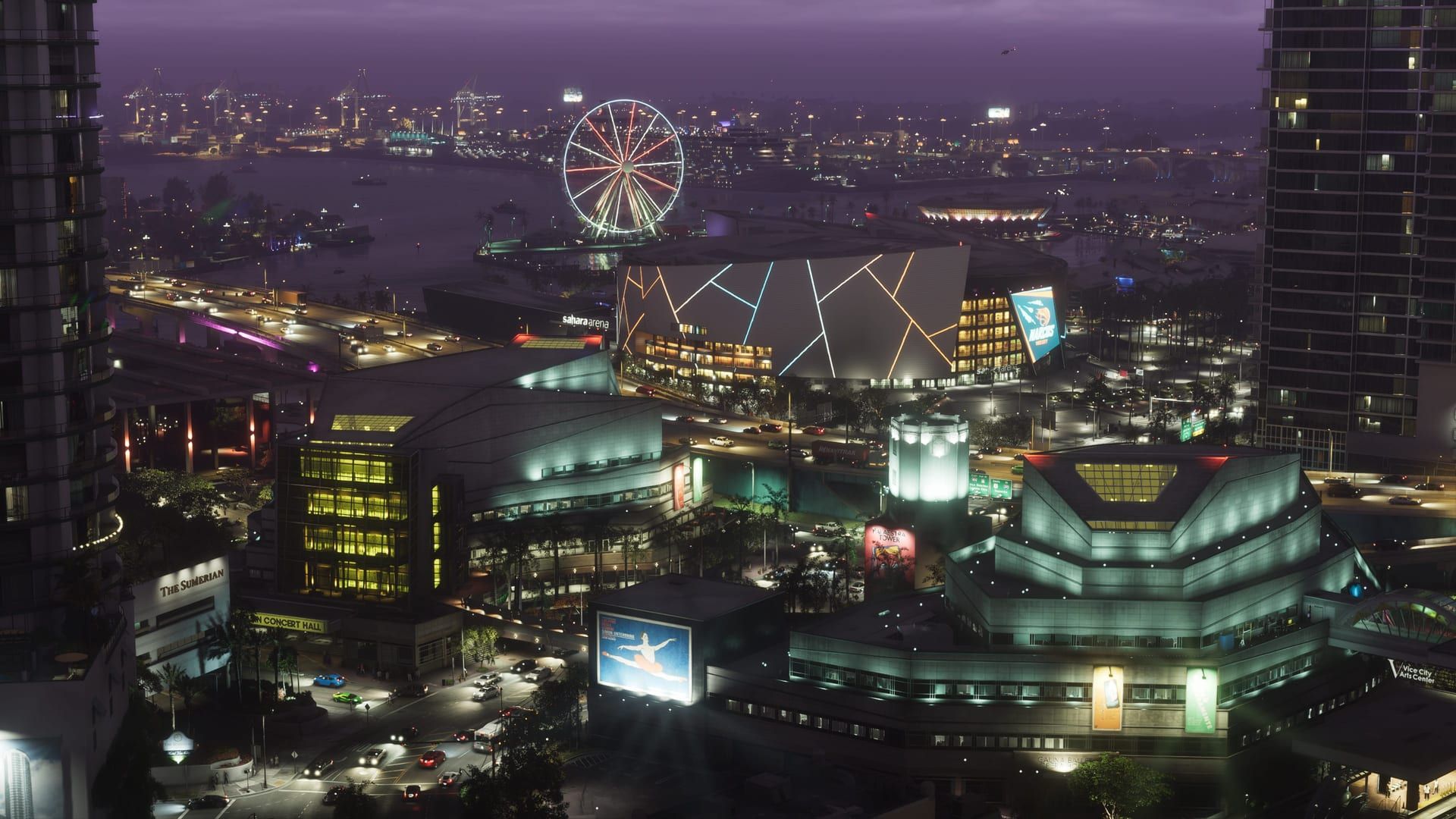Vue aérienne de Vice City de nuit, avec sa grande roue illuminée