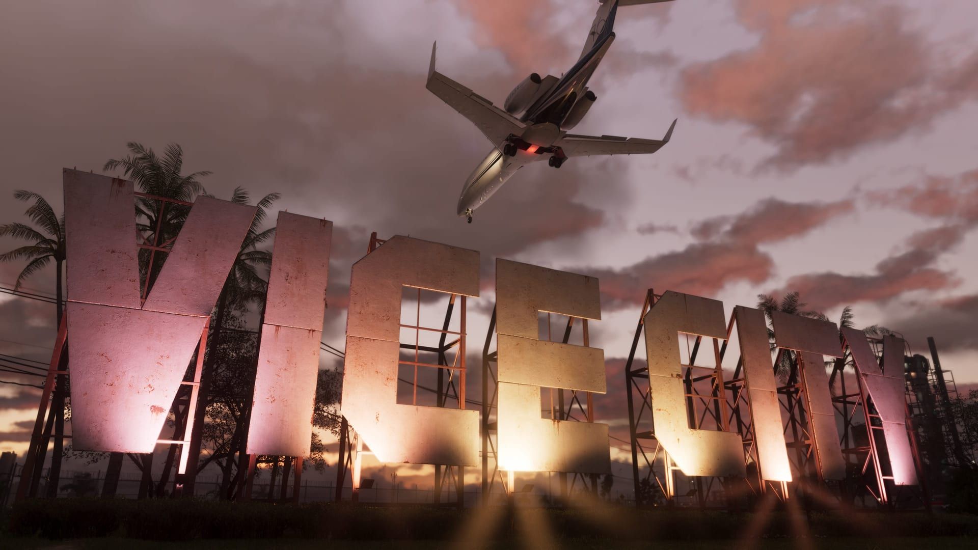Le panneau géant « Vice City » survolé par un avion de ligne
